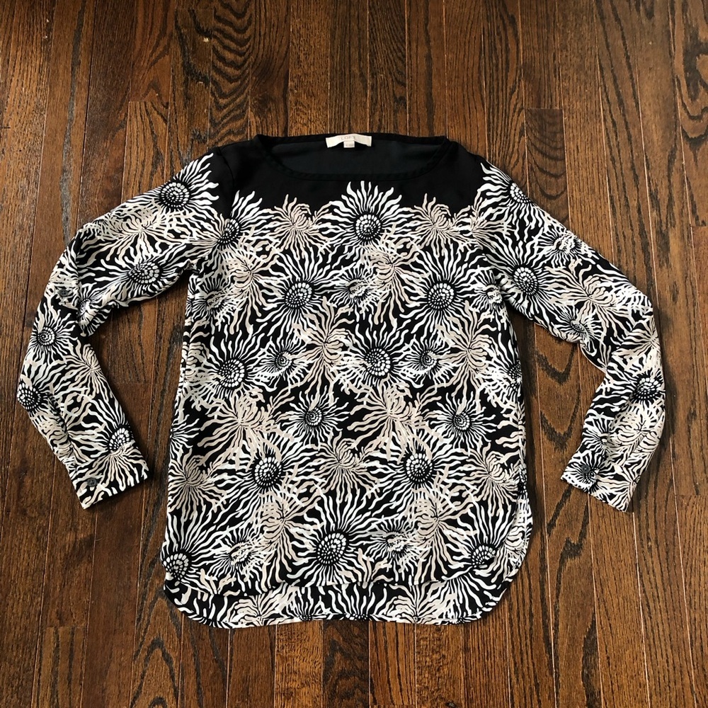 LOFT Women’s XS Black Pink/White Floral Semi-Sheer 1/2/Full Sleeved Blouse